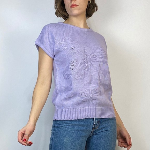 Vtg 70s LAVENDER BUTTERFLY Knit VEST Top! Medium - Picture 1 of 4